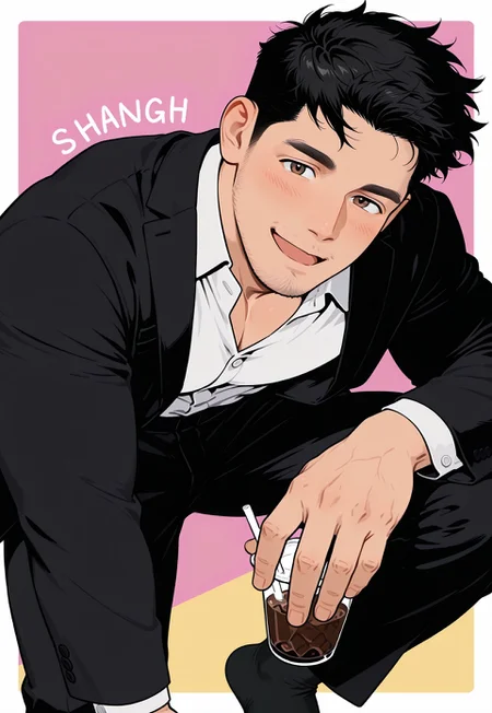 hu99y, flat color, 1boy, stubble, flying, black_suit, white_shirt, open collar, black_socks, black_hair
,(sharpie background:1.5), colorful_background,
, blush, mature, (brown_eyes, windy, dynamic shot, (drink with straw:1.4)
,masterpiece, best quality, very aesthetic,absurdres,newest, highest detailed, windy, film grain, look at viewer, handfixer, muscular, open mouth, laugh