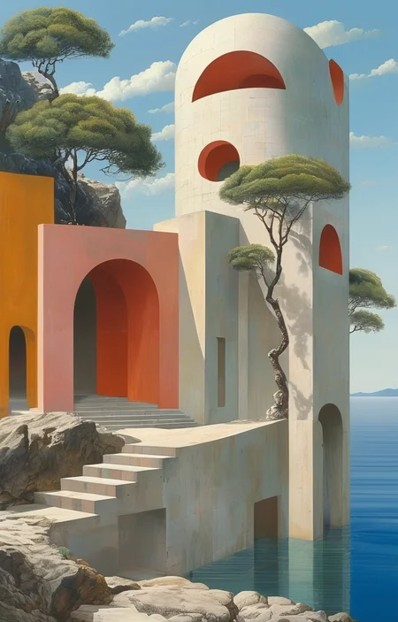 masterpiece,best quality,<lora:tbh306-sdxl:0.9>,illustration,design by Michael Graves, Minimalist Japanese-inspired tea house by the sea, evoking the style of Tadao Ando