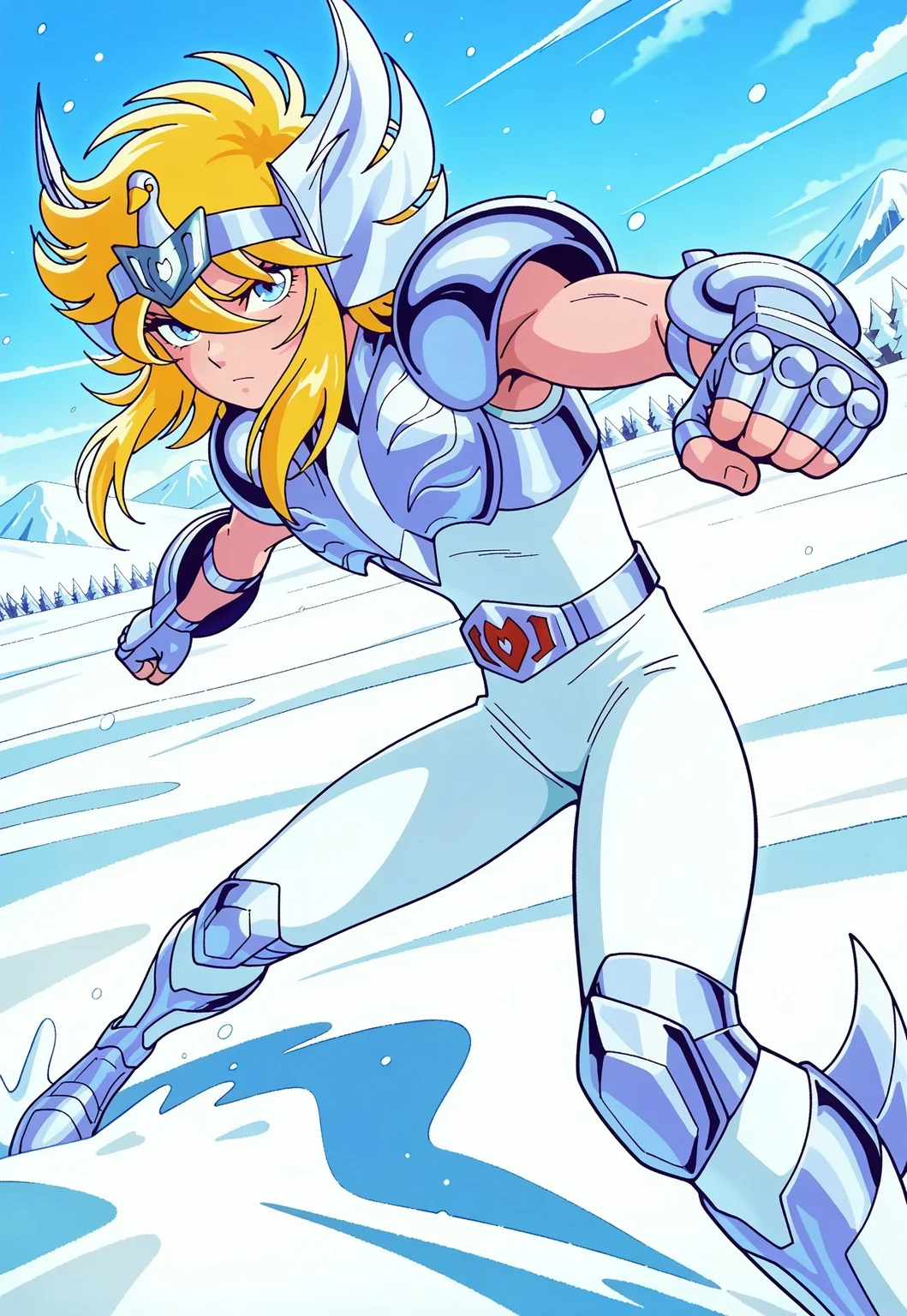 masterpiece, best quality, amazing quality, very aesthetic, absurdres, newest, cygnushyov2, 1boy, blue eyes, slender figure, toned male, swan circlet, silver pauldrons, silver armor, fingerless silver gauntlets, belt, white pants, silver boots, silver kneepads, white undershirt, belt buckle, wavy blonde hair, sleeveless, looking at viewer, action pose, snow background, simple background