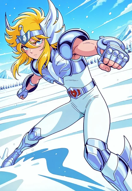masterpiece, best quality, amazing quality, very aesthetic, absurdres, newest, cygnushyov2, 1boy, blue eyes, slender figure, toned male, swan circlet, silver pauldrons, silver armor, fingerless silver gauntlets, belt, white pants, silver boots, silver kneepads, white undershirt, belt buckle, wavy blonde hair, sleeveless, looking at viewer, action pose, snow background, simple background