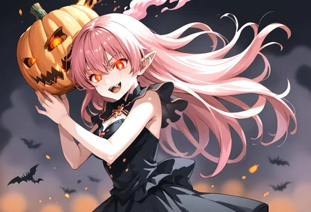 (masterpiece), (score_9, score_8_up, score_7_up,source_anime), 4K8K,
(from side), misty, steam, fog, Floating Halloween pumpkins,
halloween, halloween fantasy, (jakkRo),
(pumpkinhead woman, Pumpkinhead:1.3), (solo), (Glossy skin, pale skin:1.3), (hugging myself), blue flame, burning pumpkin, (dark aura:1.4), (smirk, half-opened mouth, Canine, tooth, fang1.2),
(medium figure:0.9), (pointy breasts:1.1),
(pink hair, ultra long hair, glowing eyes),
(wearing vampire cos, dress, makeup, red and black dress, Miniature Hats, zettai ryouiki, thighhighs:1.2),
(emperor's audience room, dark room:1.3), elf ears,
