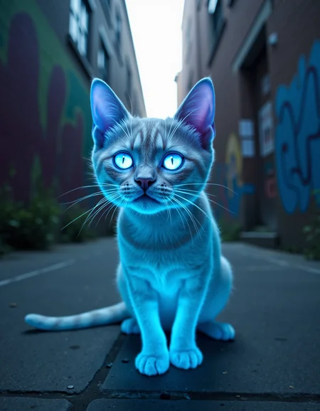 zavy-spctrlglw, Close-up shot from a low angle, a spectral cat with a shimmering ethereal glow and luminescent eyes, an abandoned urban alleyway with graffiti on the walls, moody and cinematic style with soft focus highlighting the cat, muted blues and purples with hints of bright neon.