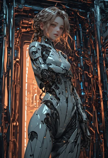 cpunk,
score_9, score_8_up, score_8, female, cel-shading, backlit, delicate features, very long hair, (braid), upper body, big breasts, techwear, cyborg, techwear, dynamic pose, freckles, glowing machine parts, jumpsuit, edgelit, seductive smile, cold, Taller than the door, workshop, detailed background, wide hips, thick thighs, ((smug)),