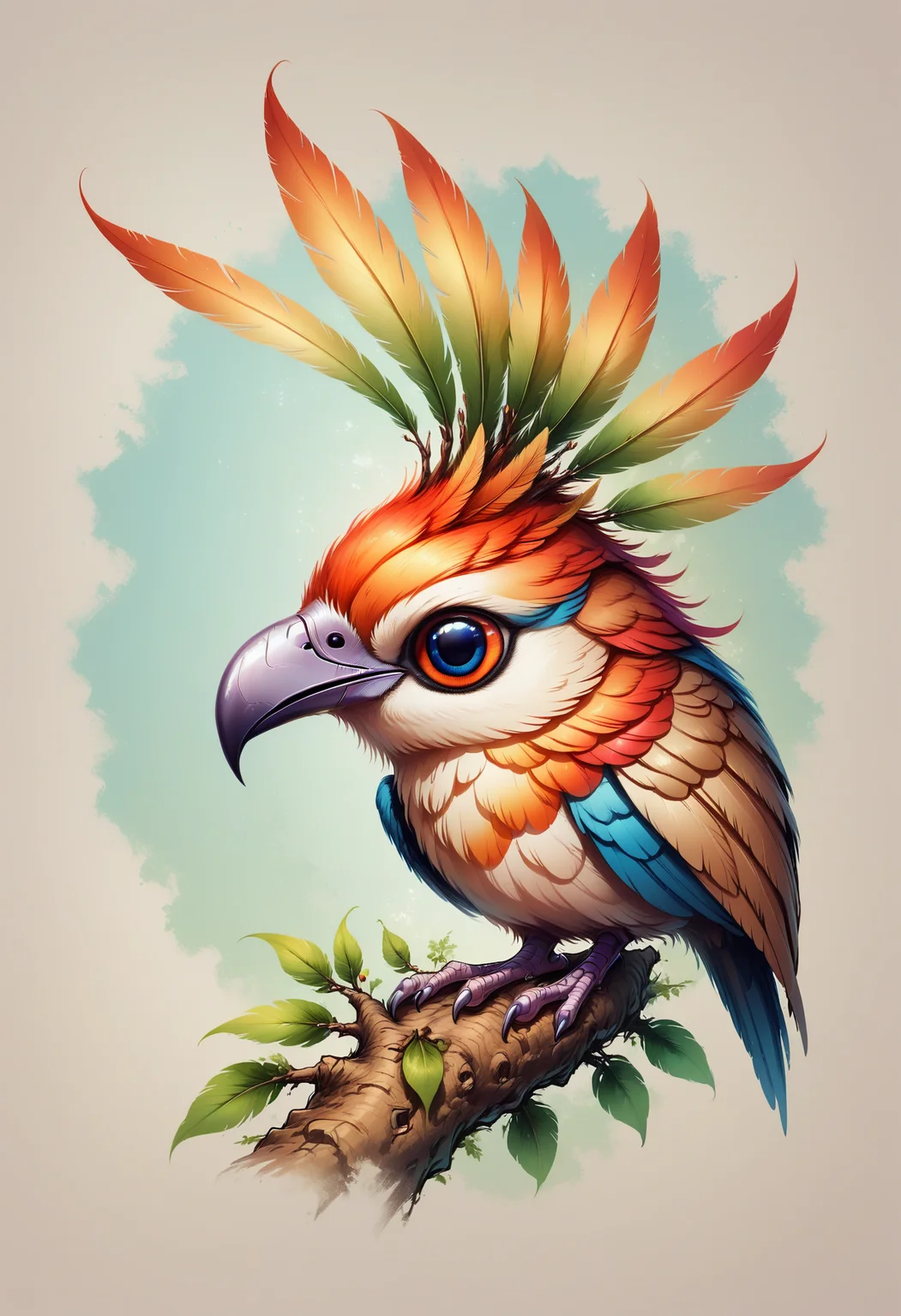 Faded Headshot, faded bottom, faded edges <lora:FadedHeadshot:1>,score_9,score_8_up,score_7_up,score_6_up,score_5_up,score_4_up vibrant beautiful fantasy bird, with long detailed feathers, perching on a tree branch, bright colors, high contrast, vivid lighting, faded illustration, colored pencil sketch, nature book