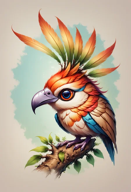 Faded Headshot, faded bottom, faded edges <lora:FadedHeadshot:1>,score_9,score_8_up,score_7_up,score_6_up,score_5_up,score_4_up vibrant beautiful fantasy bird, with long detailed feathers, perching on a tree branch, bright colors, high contrast, vivid lighting, faded illustration, colored pencil sketch, nature book