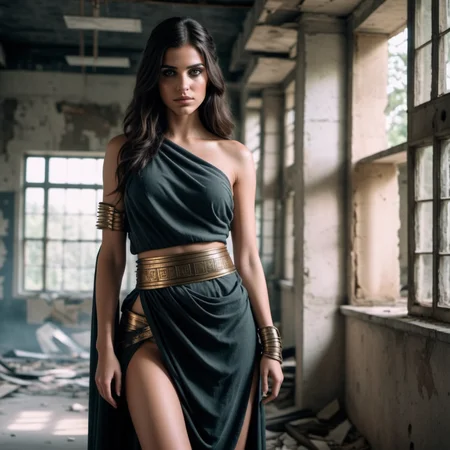 fullbody  image of a girl wearing a fantasy_ toga,<lora:fantasy_toga_sdxl_v1.3:1>,post-apocalyptic school, abandoned classrooms, forgotten knowledge, haunting silence  <lora:BodyconDress-V3a:1>, Ningrum from Indonesia, long (waist-length:1.2) glorious [black:.3] hair