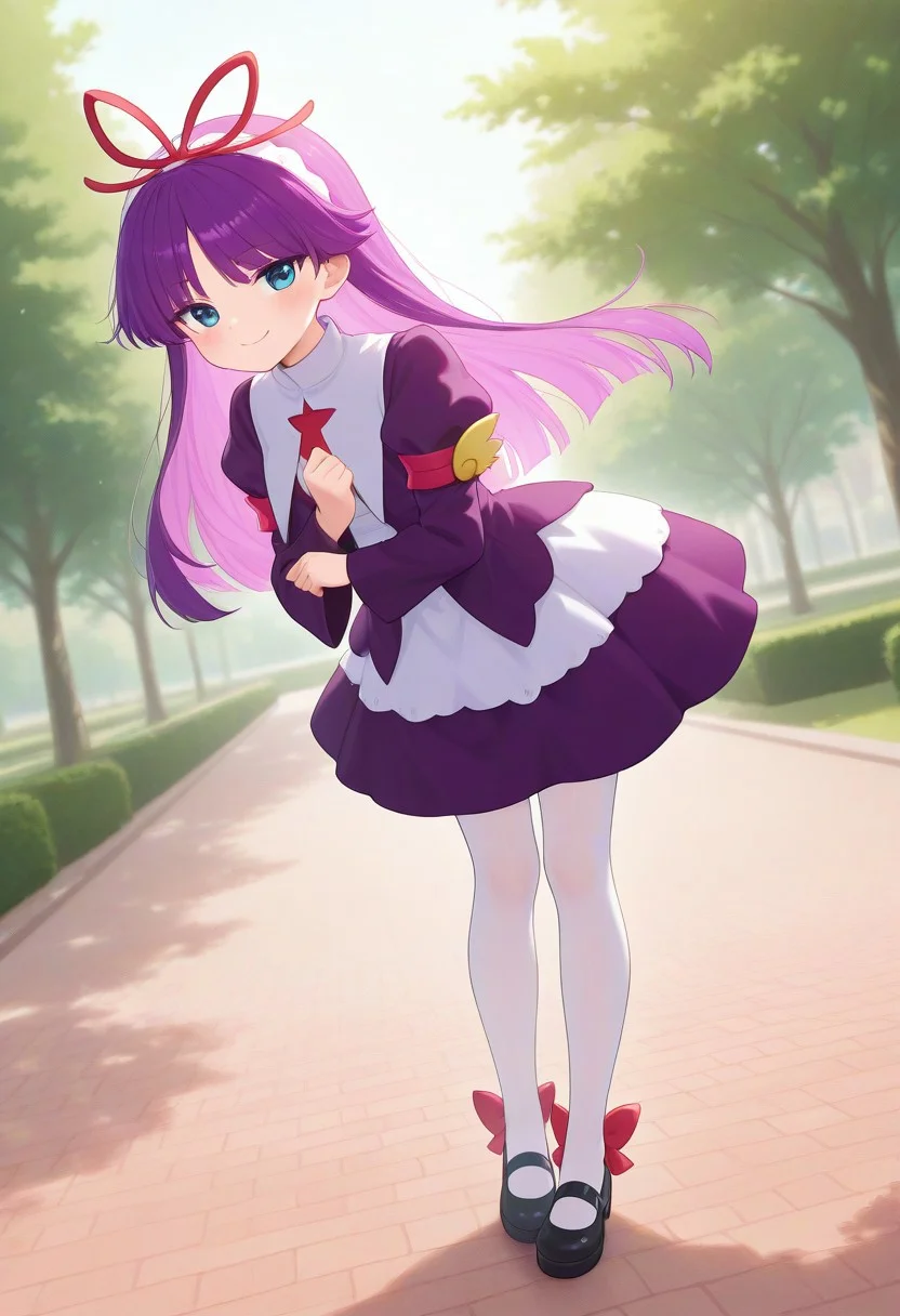 <lora:PFeli_SDXL_Illustrious01_fp16_ver01:1>,PFeli, 1girl, long hair,purple hair, white pantyhose, dress,red ribbon, blue eyes, black footwear, long sleeves, red bow, hairband, cute pose, smile, standing, park, look at viewer, lovely, cute, adorable, newest, masterpiece, best quality, very aesthetic, absurdres,<lora:detailed_hands:1>,hand