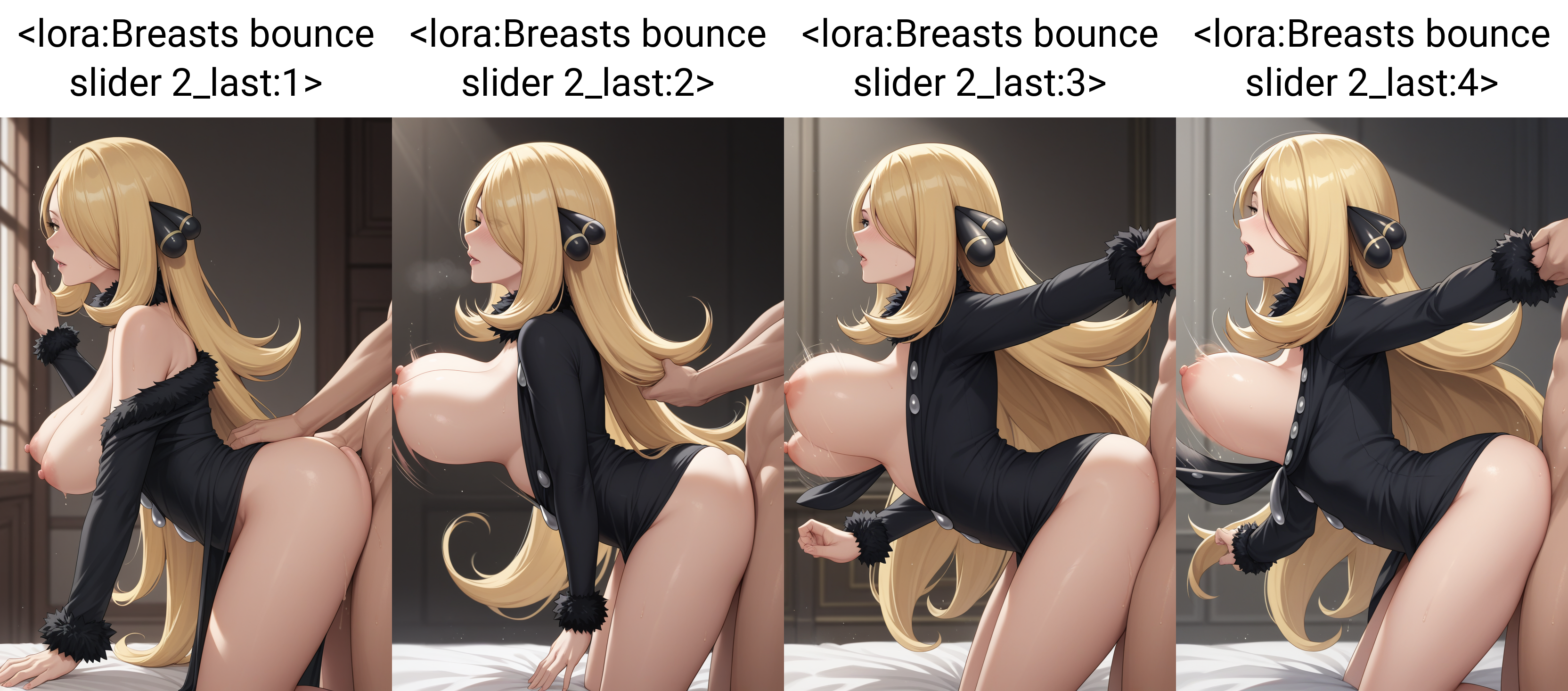 score_9, score_7_up, 1girl, breasts,  cynthia \(pokemon\), doggystyle, 1boy, from side,   <lora:Breasts bounce slider 2_last:1>