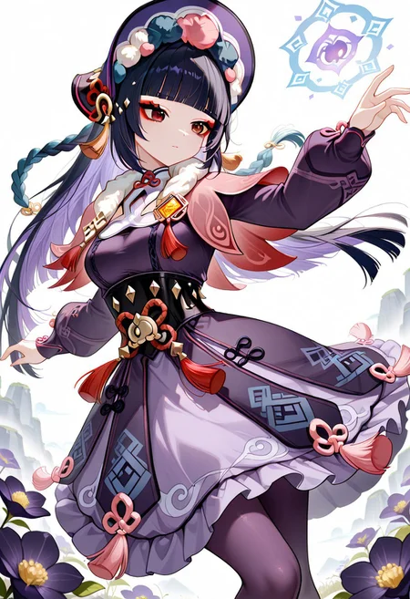 1girl. solo, GSYunJin, long hair, breasts, black hair, hair ornament, red eyes, medium breasts, blue hair, braid, purple hair, multicolored hair, blunt bangs, twin braids, makeup, tassel, eyeshadow, hime cut, red eyeshadow,
long sleeves, dress, hat, pantyhose, frills, puffy sleeves, black dress, black pantyhose, fur trim, black headwear, capelet, frilled dress, multicolored clothes, puffy long sleeves, purple dress, pom pom (clothes), corset, fur collar, vision (genshin impact), purple headwear, bonnet, flower knot, purple pantyhose, black corset, pink capelet, multicolored headwear,
dynamic pose,
