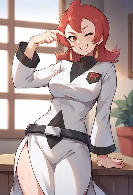 score_9, score_8_up, score_7_up, source_anime, masterpiece, 1girl, solo, ct_ar1ana, earrings, white dress, black turtleneck, belt, logo, long sleeves, thighs, side slit, hand up, looking at viewer, indoors, depth of field, shiny skin, facing viewer, sweat, one eye closed, happy, window shade,<lora:Ariana_pokemon_pony_ct:0.9>