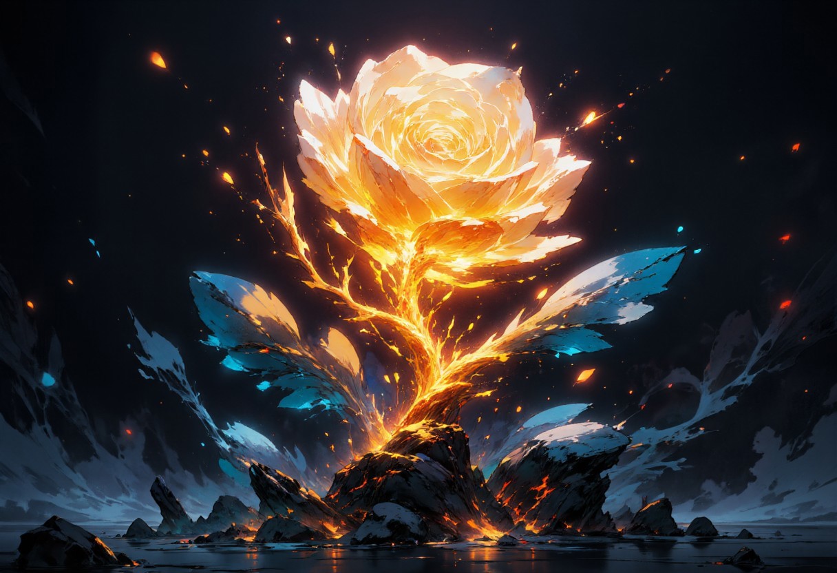 A glowing, ethereal rose made of pure energy radiates in a stunning composition. Its petals shimmer with a warm golden-orange hue, as if lit from within by molten light, while the edges transition into a cool, icy blue that gives them an otherworldly glow. The delicate veins running through the petals resemble branches of energy, as faint embers drift into the air, suggesting a slow, magical burn. The thick, firm stem, intricately detailed, pulses with vibrant golden veins that trace its length, while the glowing light intensifies at the points where the thorny offshoots branch out. The leaves combine deep, shadowy blues with glowing orange cracks, as though imbued with smoldering embers beneath their surface, its edges appear to glow brightly in ethereal white. The background is an infinite void of deep blackness, providing stark contrast to the luminous rose and emphasizing its radiant glow. Floating specks of orange light drift around the rose, resembling embers suspended in stillness, enhancing the dreamlike, mystical atmosphere. The overall visual style is a blend of fantastical realism and digital artistry, balancing delicate natural forms with the intensity of glowing energy, creating an image both serene and powerfully alive, as though the rose exists in a realm where light and life are inseparable. <lora:DGLO_style_v.6:0.9>