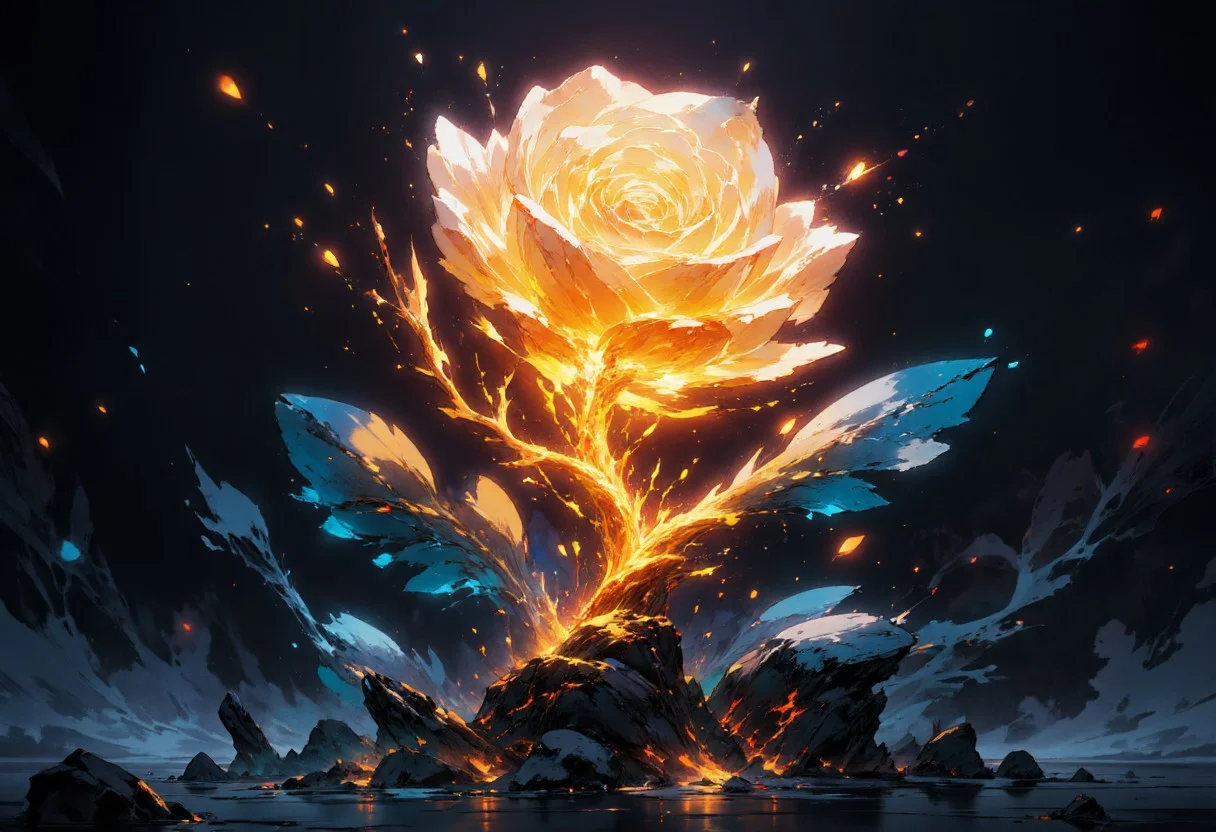 A glowing, ethereal rose made of pure energy radiates in a stunning composition. Its petals shimmer with a warm golden-orange hue, as if lit from within by molten light, while the edges transition into a cool, icy blue that gives them an otherworldly glow. The delicate veins running through the petals resemble branches of energy, as faint embers drift into the air, suggesting a slow, magical burn. The thick, firm stem, intricately detailed, pulses with vibrant golden veins that trace its length, while the glowing light intensifies at the points where the thorny offshoots branch out. The leaves combine deep, shadowy blues with glowing orange cracks, as though imbued with smoldering embers beneath their surface, its edges appear to glow brightly in ethereal white. The background is an infinite void of deep blackness, providing stark contrast to the luminous rose and emphasizing its radiant glow. Floating specks of orange light drift around the rose, resembling embers suspended in stillness, enhancing the dreamlike, mystical atmosphere. The overall visual style is a blend of fantastical realism and digital artistry, balancing delicate natural forms with the intensity of glowing energy, creating an image both serene and powerfully alive, as though the rose exists in a realm where light and life are inseparable. <lora:DGLO_style_v.6:0.9>