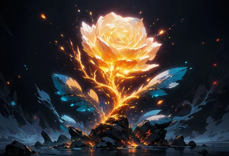A glowing, ethereal rose made of pure energy radiates in a stunning composition. Its petals shimmer with a warm golden-orange hue, as if lit from within by molten light, while the edges transition into a cool, icy blue that gives them an otherworldly glow. The delicate veins running through the petals resemble branches of energy, as faint embers drift into the air, suggesting a slow, magical burn. The thick, firm stem, intricately detailed, pulses with vibrant golden veins that trace its length, while the glowing light intensifies at the points where the thorny offshoots branch out. The leaves combine deep, shadowy blues with glowing orange cracks, as though imbued with smoldering embers beneath their surface, its edges appear to glow brightly in ethereal white. The background is an infinite void of deep blackness, providing stark contrast to the luminous rose and emphasizing its radiant glow. Floating specks of orange light drift around the rose, resembling embers suspended in stillness, enhancing the dreamlike, mystical atmosphere. The overall visual style is a blend of fantastical realism and digital artistry, balancing delicate natural forms with the intensity of glowing energy, creating an image both serene and powerfully alive, as though the rose exists in a realm where light and life are inseparable. <lora:DGLO_style_v.6:0.9>