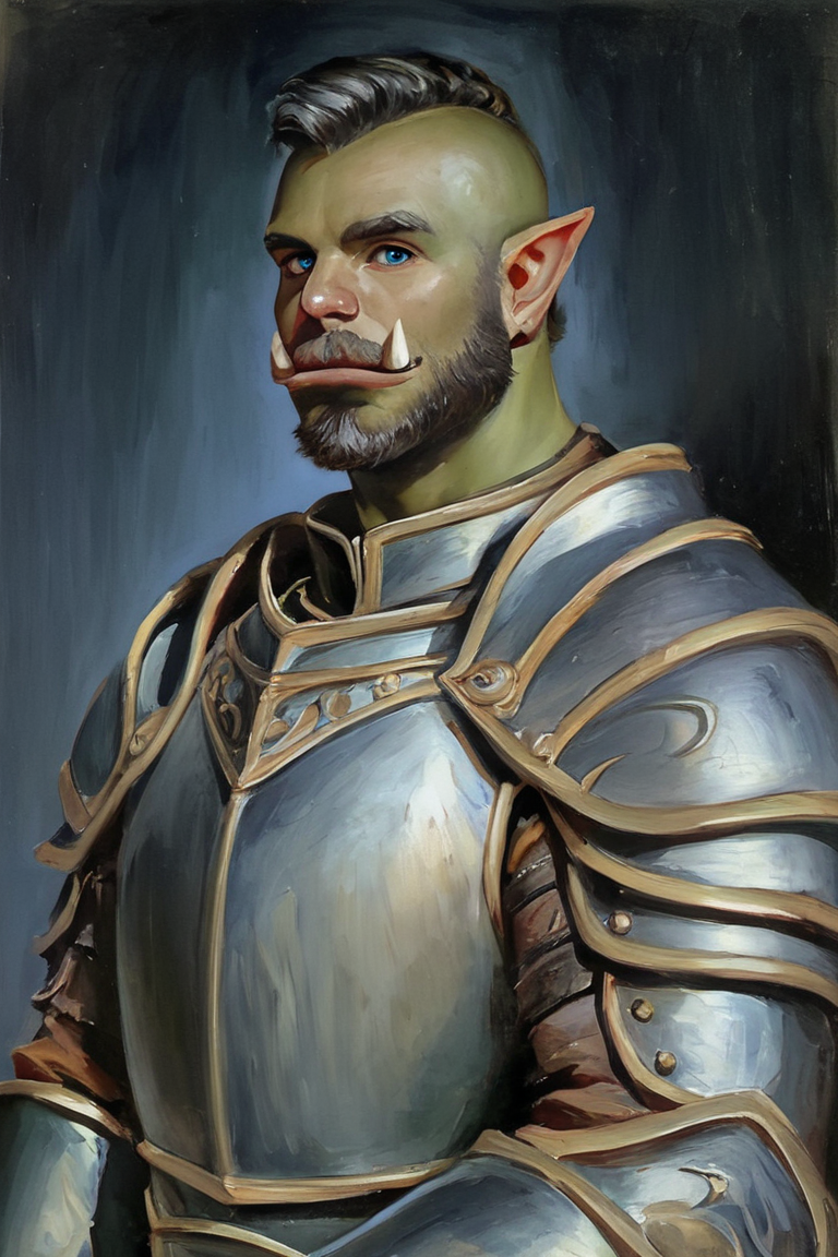 score_9, score_8_up, score_7_up, rating_safe, painterly, faux traditional media, realistic, 1boy, solo, male focus, mature male, orc, green skin, tusks, blue eyes, short hair, black hair, facial hair, beard, mustache, looking at viewer, armor, shoulder armor, breastplate, pauldrons, upper body, closed mouth, standing, outdoors, night, night sky, dark background <lora:Faux Oil Painting Soft Style LoRA_Pony XL v6:0.7>