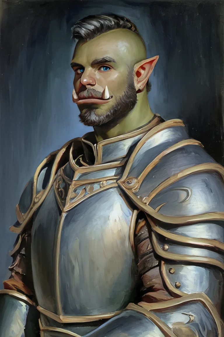 score_9, score_8_up, score_7_up, rating_safe, painterly, faux traditional media, realistic, 1boy, solo, male focus, mature male, orc, green skin, tusks, blue eyes, short hair, black hair, facial hair, beard, mustache, looking at viewer, armor, shoulder armor, breastplate, pauldrons, upper body, closed mouth, standing, outdoors, night, night sky, dark background <lora:Faux Oil Painting Soft Style LoRA_Pony XL v6:0.7>