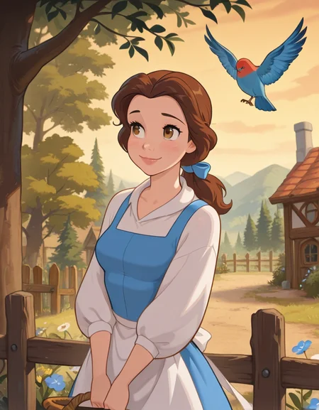 masterpiece, best quality, amazing quality, very aesthetic, absurdres, newest, detailed background, cowboy shot, 4k, 8k,
bellexd, 1girl, brown hair, bird, basket, tree, apron, solo, flower, fence, outdoors, smile, dress, ponytail, blue dress
<lora:Bella:1>
