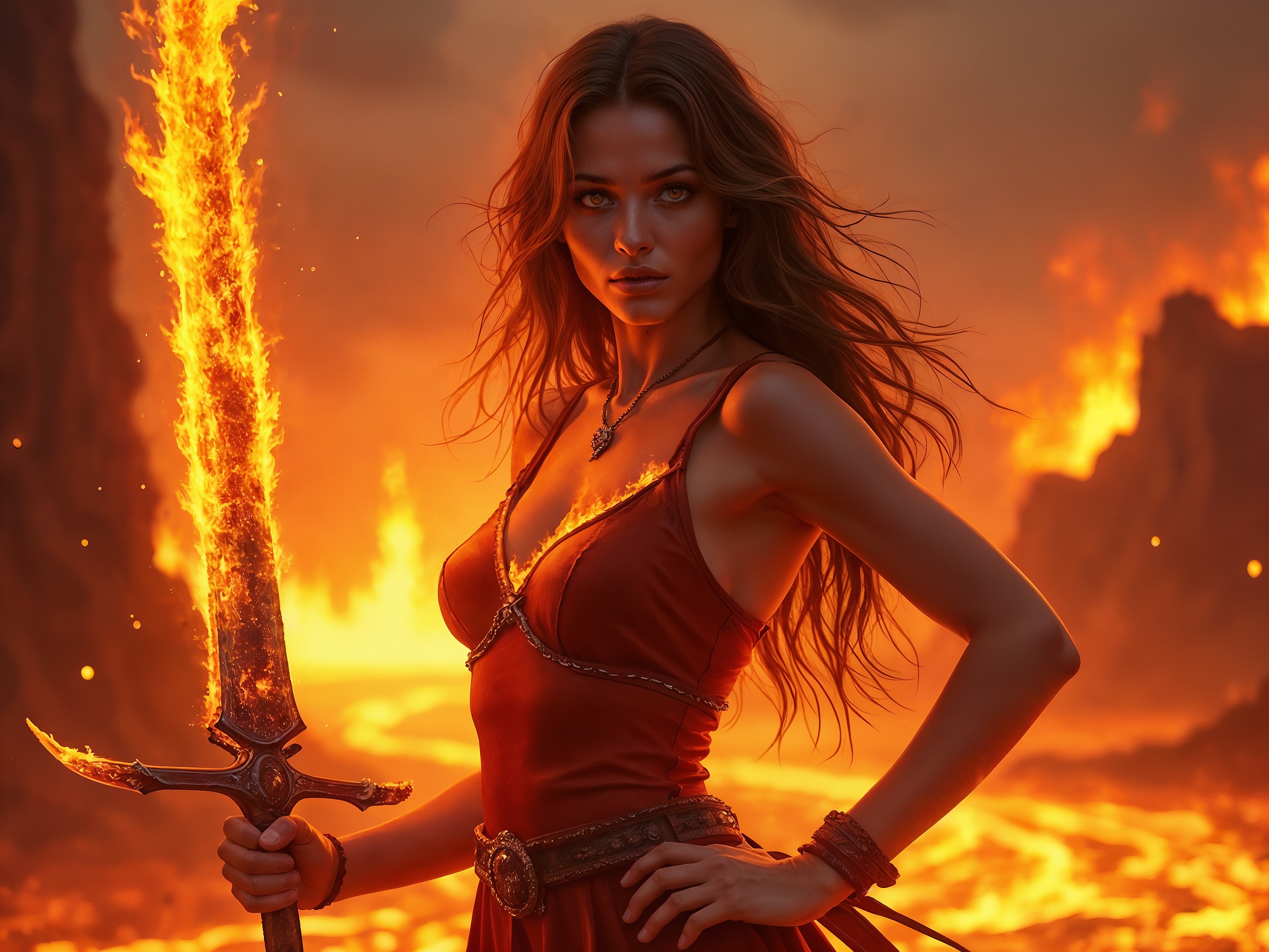 A hyper-realistic, semi realistic, ultra detailed, 8k, high quality, hi res, high quality, detailed eyes, perfecteyes, detailed face, 1girl, sharp focus, cowboy-shot, focus on hip, (1girl:1.2), fire elemental, fiery form, (flaming sword in hands:1.65), (((glowing ember skin, long flowing lava hair))), realistic, cinematic angle, cinematic lighting, ethereal body, intense face, burning orange eyes, dynamic pose
rising from a volcanic crater at sunset
source_fantasy_art, rating_explicit, expressive, ((half body, front view)), dynamic pose
detailed beautiful background, molten lava, billowing smoke, glowing embers, rugged volcanic rocks, dramatic sunset, fiery atmosphere
(((full clothed)))