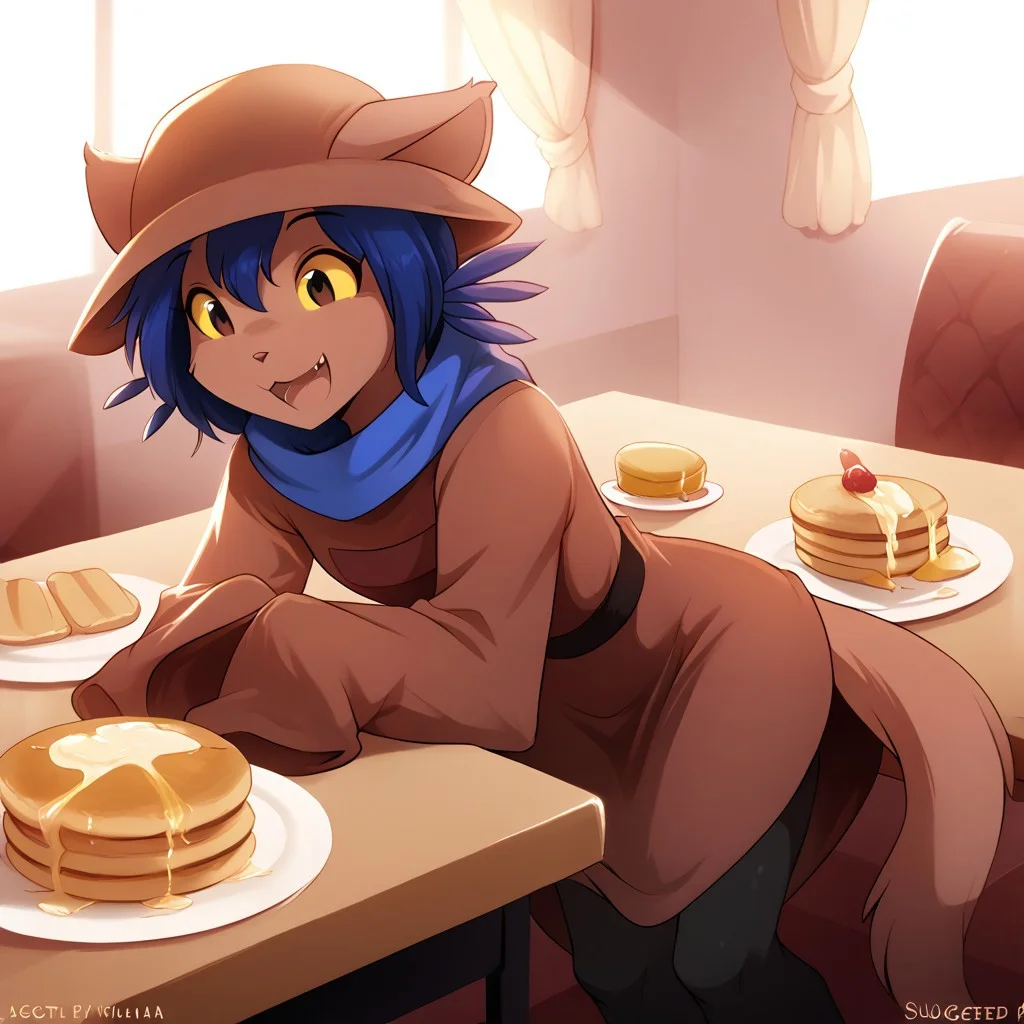 score_9, score_8_up, score_7_up,score_6_up,score_5_up, source_furry,1girl, solo, female, anthro, <lora:Tom Fischbach Style PDXL_epoch_7:1>,(tomfischbachcolour:1.8),(three-quarter portrait:1.5), nniko \(oneshot\), slit pupils, yellow sclera, cat hat, blue scarf, brown dress, sleeves past fingers, black legwear, table, pancakes, happy