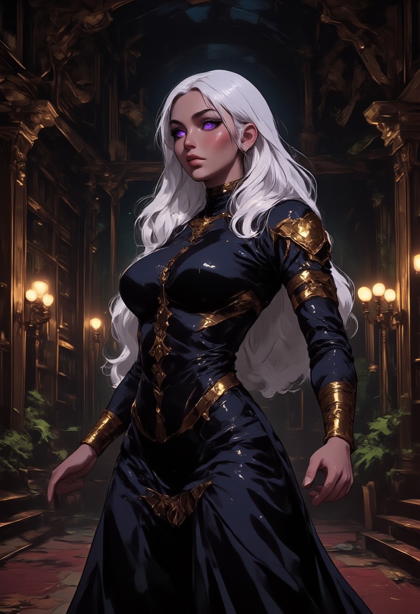 "An elegant and striking Drow elf woman stands confidently in the center of a grand hall, adorned with intricate Drow motifs reminiscent of dark fantasy worlds like the Forgotten Realms. Her skin is smooth and jet-black, a mesmerizing contrast against her flowing, long silver hair that cascades down her back. She wears an elaborate outfit in black and gold that highlights her athletic, sculpted figure, exuding a gothic elegance. Her piercing eyes, glowing with an intense purple hue, watch over the room with a regal, yet dangerous allure. The scene is lit with dim, mystical lighting, casting long shadows across the sophisticated elven architecture, filled with dark, intricate designs. The atmosphere is rich with theatrical sophistication, steeped in the dark, arcane beauty of the Drow culture, without falling into visual excess or clutter, making the entire setting feel like a captivating dark fantasy realm."