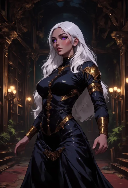 "An elegant and striking Drow elf woman stands confidently in the center of a grand hall, adorned with intricate Drow motifs reminiscent of dark fantasy worlds like the Forgotten Realms. Her skin is smooth and jet-black, a mesmerizing contrast against her flowing, long silver hair that cascades down her back. She wears an elaborate outfit in black and gold that highlights her athletic, sculpted figure, exuding a gothic elegance. Her piercing eyes, glowing with an intense purple hue, watch over the room with a regal, yet dangerous allure. The scene is lit with dim, mystical lighting, casting long shadows across the sophisticated elven architecture, filled with dark, intricate designs. The atmosphere is rich with theatrical sophistication, steeped in the dark, arcane beauty of the Drow culture, without falling into visual excess or clutter, making the entire setting feel like a captivating dark fantasy realm."