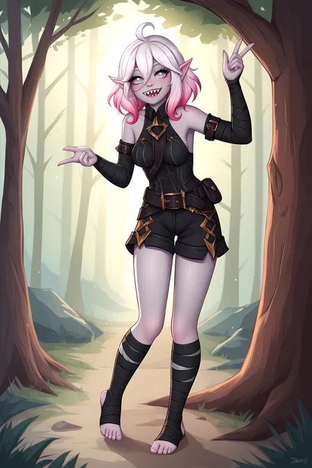 score_9, score_8_up, score_7_up, score_6_up, BREAK, BriarLoLXLv2, grey skin, colored skin, grey eyes, pink sclera, white hair, pink hair, two-tone hair, gradient hair, short hair, hair between eyes, ahoge, pointy ears, sharp teeth, medium breasts, bare shoulders, black thight dress, detached sleeves, black bandaged sleeves, black shorts, belt, black bandaged legwear, toeless legwear, solo, full body, standing, seductive smile, looking at viewer, forest, tree <lora:BriarLoLXLv2:0.8>