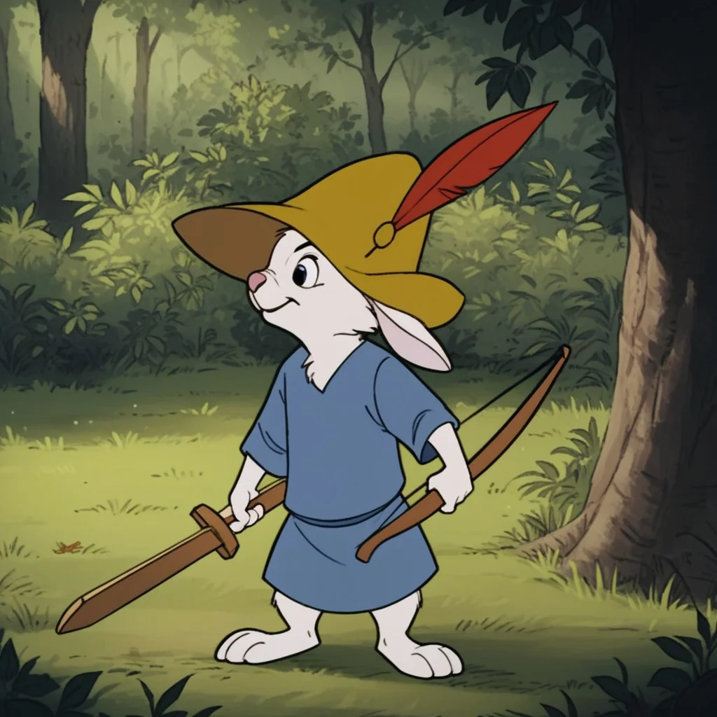 score_9, score_8_up, score_7_up, score_6_up, score_5_up, score_4_up, source_furry, skippyRH, semi-anthro, male, rabbit, white fur, yellow hat, blue tunic, standing, in forest, holding bow, weapon