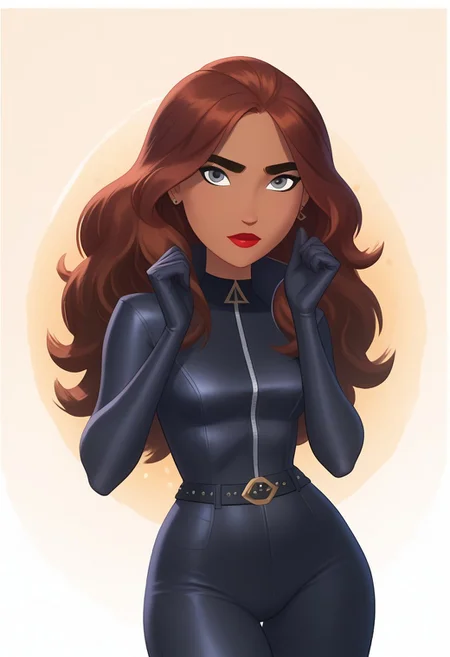 score_9, score_8_up, score_7_up, score_6_up, score_5_up, score_4_up, btimmsketch, cowboy Shot, 1girl, solo, dark skin, dark-skinned female, grey eyes, brown hair, makeup, lipstick, stud earrings, long hair, wavy hair, black gloves, closed black bodysuit, zipper, belt, looking at viewer, standing, pin-up pose, sexy, halftone effect, white borders, abstract background:1.5