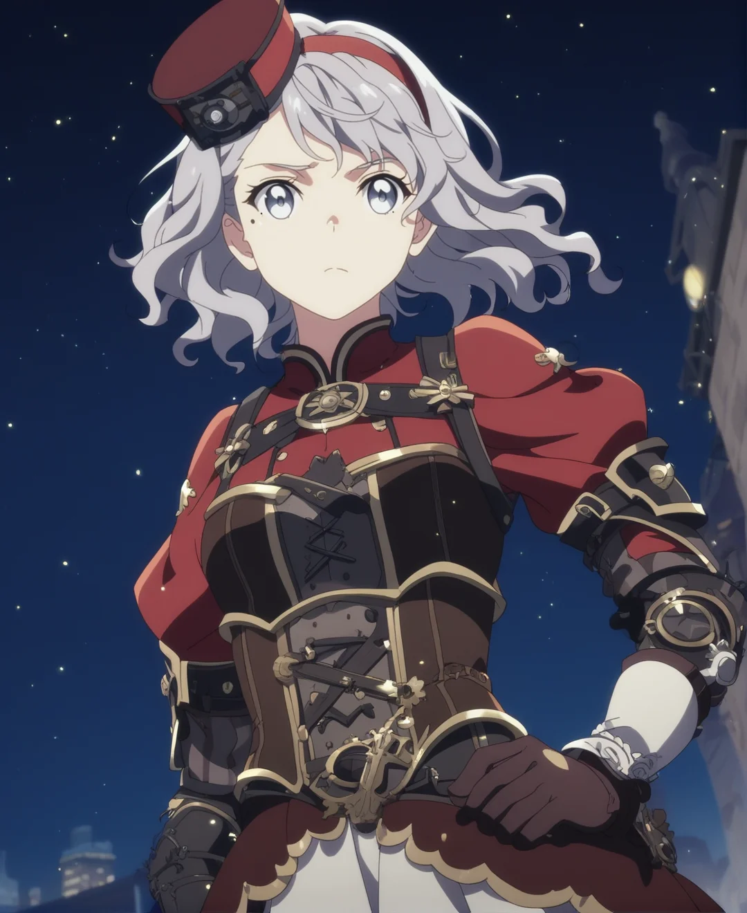score_9,score_8_up,score_7_up,score_6_up,source anime BREAK, anime screencap,
1girl,solo,grey hair,medium hair,wavy hair,hair pulled back,hairband,white eyes,mole,sleepy,cowboy shot,dynamic angle,steampunk dress,armor,hat,gloves,medium breasts,city,epic scene,night,depth of field,wind,particles,wide angle,smoke,(from below:0.5),dark background,low light,starry sky
 <lora:Anime Screencap_epoch_10:1.15>