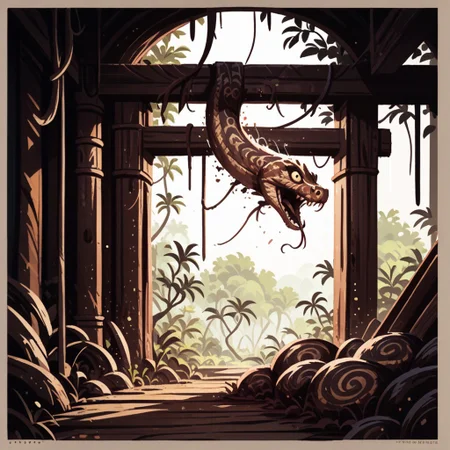 score_9, score_8_up, score_7_up, score_6_up, score_5_up, score_4_up, ink splats around border, gleaming metal snake made of copper, in the workshop of a wizard, lightning shooting from its open mouth, feral, armless, forked tongue, jungle temple