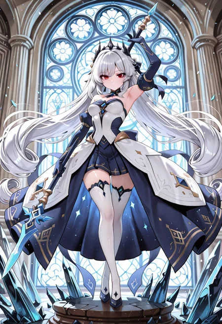 lazypos, anime girl, silver hair, red eyes, ornate dress, blue accents, crystal spear, flowing ribbons, long gloves, thigh-highs, elegant pose, majestic palace, fantasy setting, stained glass, broken crystals, glowing effects, magical weapon, celestial theme, dynamic lighting, high detail, gweeeda, SumiStyle