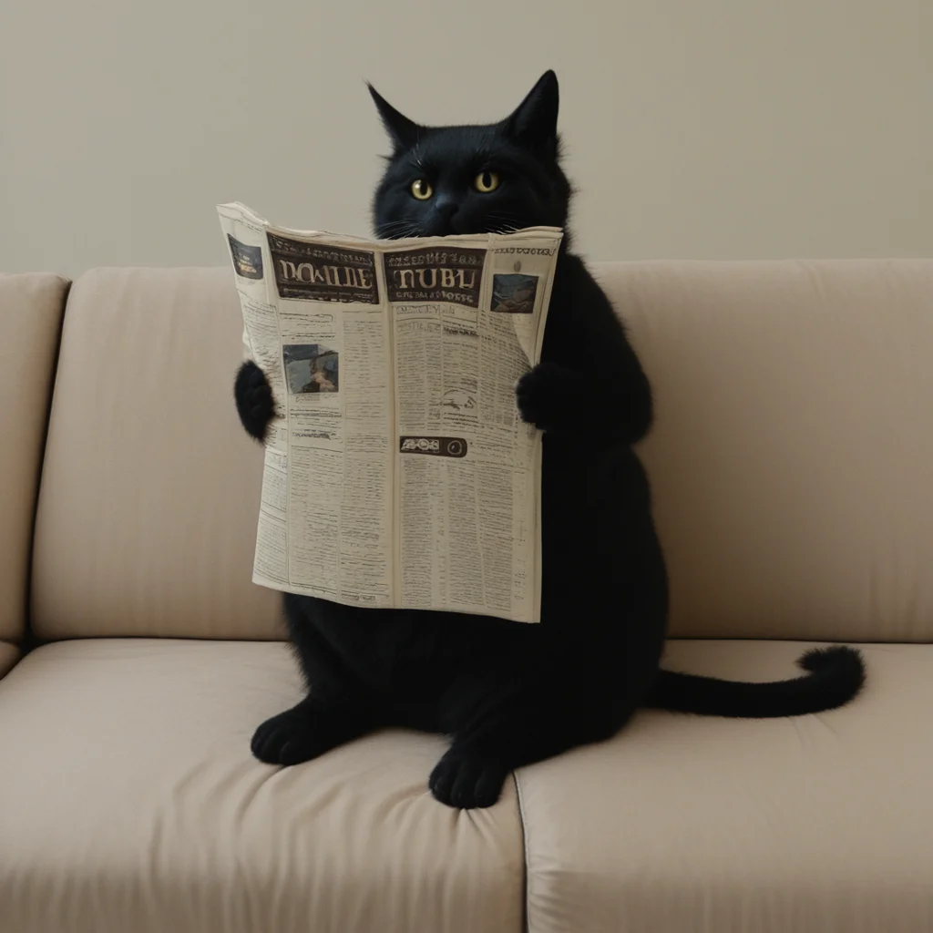 masterpiece, best quality, amazing quality, very aesthetic, high resolution, ultra-detailed, absurdres, scenery, photorealistic, Prompt, BREAK, depth of field, photorealistic details, volumetric lighting,source_photo,solo,1cat,animal focus,no humans,fat cat,feral,manle,black fur,yellow eyes,sitting,couch,holding newspaper