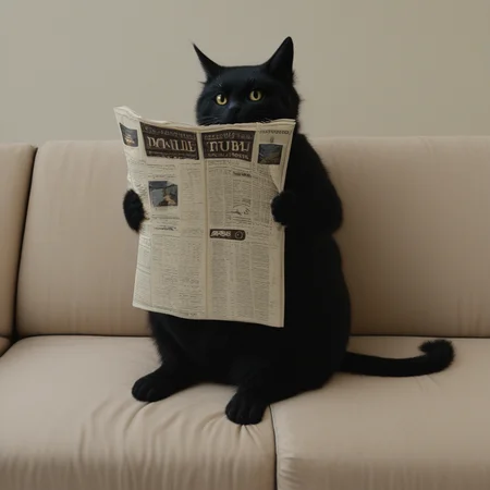 masterpiece, best quality, amazing quality, very aesthetic, high resolution, ultra-detailed, absurdres, scenery, photorealistic, Prompt, BREAK, depth of field, photorealistic details, volumetric lighting,source_photo,solo,1cat,animal focus,no humans,fat cat,feral,manle,black fur,yellow eyes,sitting,couch,holding newspaper