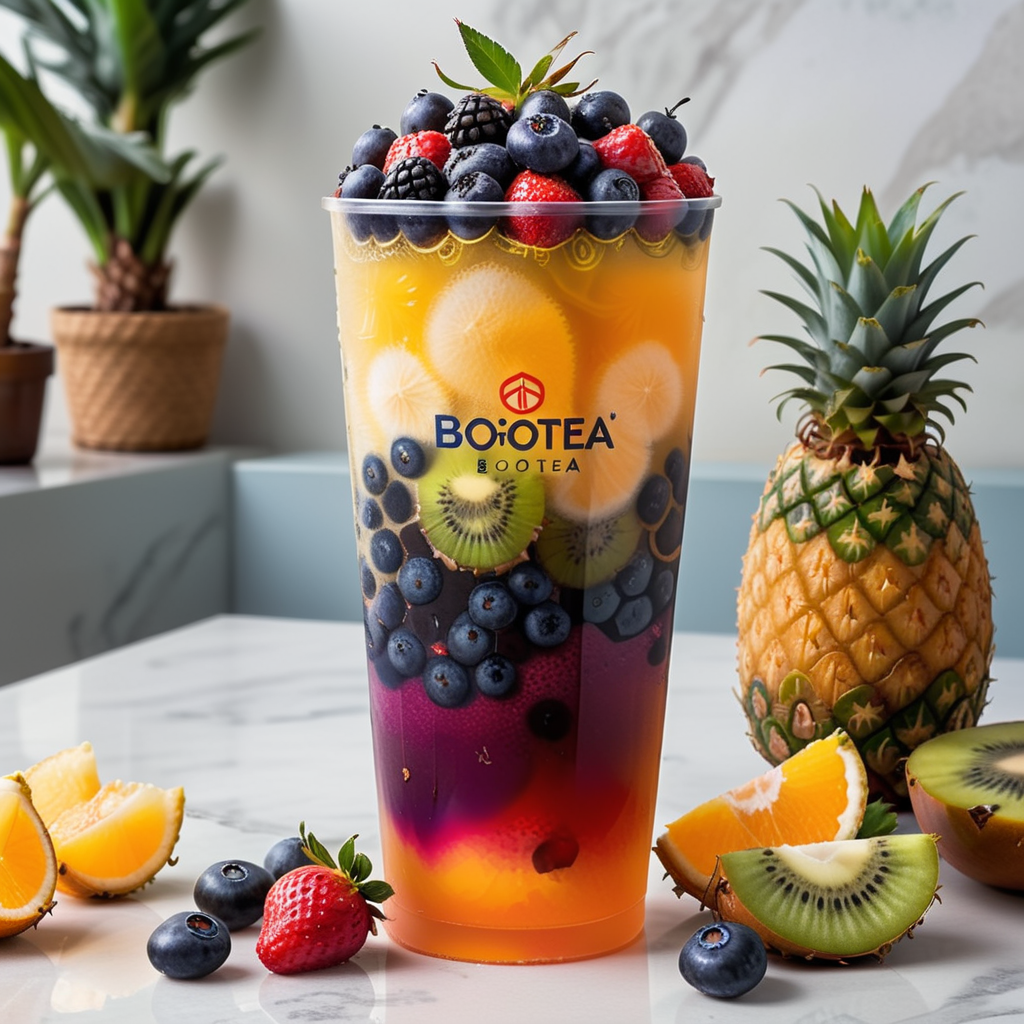 Create an image in a realistic style featuring a beverage composed of seven different colored fruit layers. Describe each layer vividly: red strawberries at the bottom, followed by orange oranges, yellow pineapples, green kiwis, blue blueberries, indigo grapes, and violet blackberries at the top. The glass should be transparent, allowing a clear view of the colorful fruit contents inside. On the glass, the text 'BOBOTEA' is elegantly inscribed, standing out against the vibrant backdrop of the drink, <lora:tteaw:0.8>,tteaw