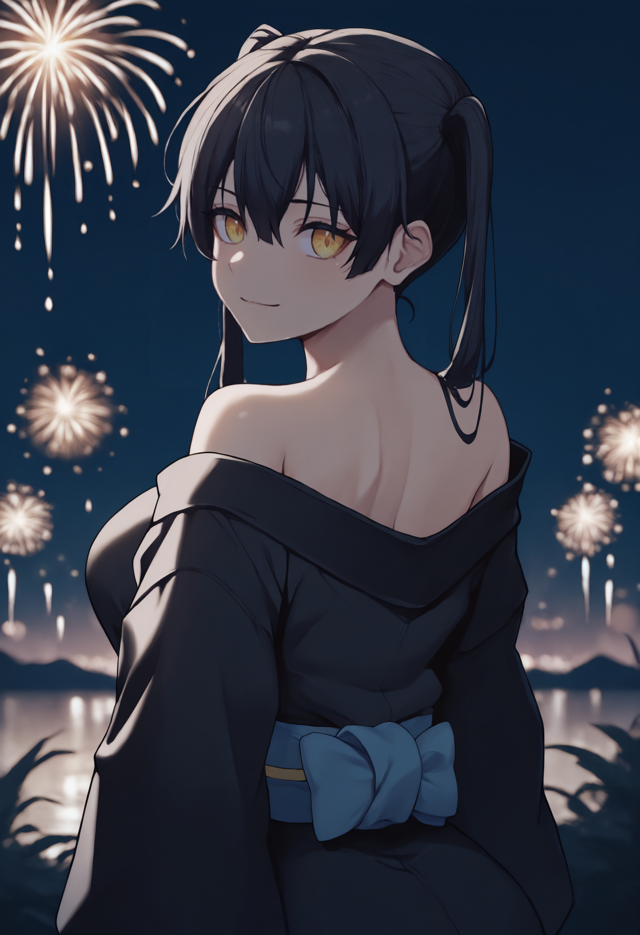 anime, masterpiece, best quality, from behind, solo, 1girl, tmkkts, slight smile, looking back, long hair, black hair, hair between eyes, sidelocks, twintails, yellow eyes, japanese clothes, black kimono, off shoulder, blue sash, bare shoulders, outdoors, night, fireworks
<segment:yolo-face_yolov8m.pt,0.4,0.5//cid=1>