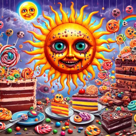 Lisarank, creepy sun with creepy eyes floating over candy and cake, rainbows, cute, high quality, high resolution,