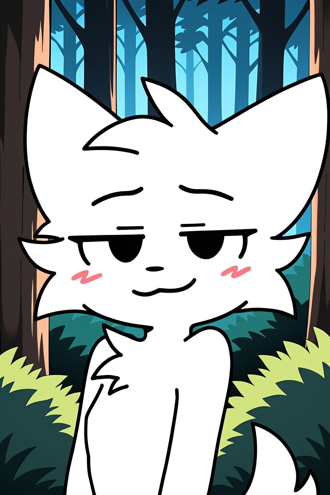 masterpiece,best quality,amazing quality, BREAK, BoyKisserILXL, toon \(style\), anthro furry, furry female, body fur, white fur, black eyes, animal ears, cat ears, blush stickers, flat chest, white tail, solo, front view, (portrait, upper body), solo focus, seductive smile, looking at viewer, forest, tree <lora:BoyKisserILXL:1>
