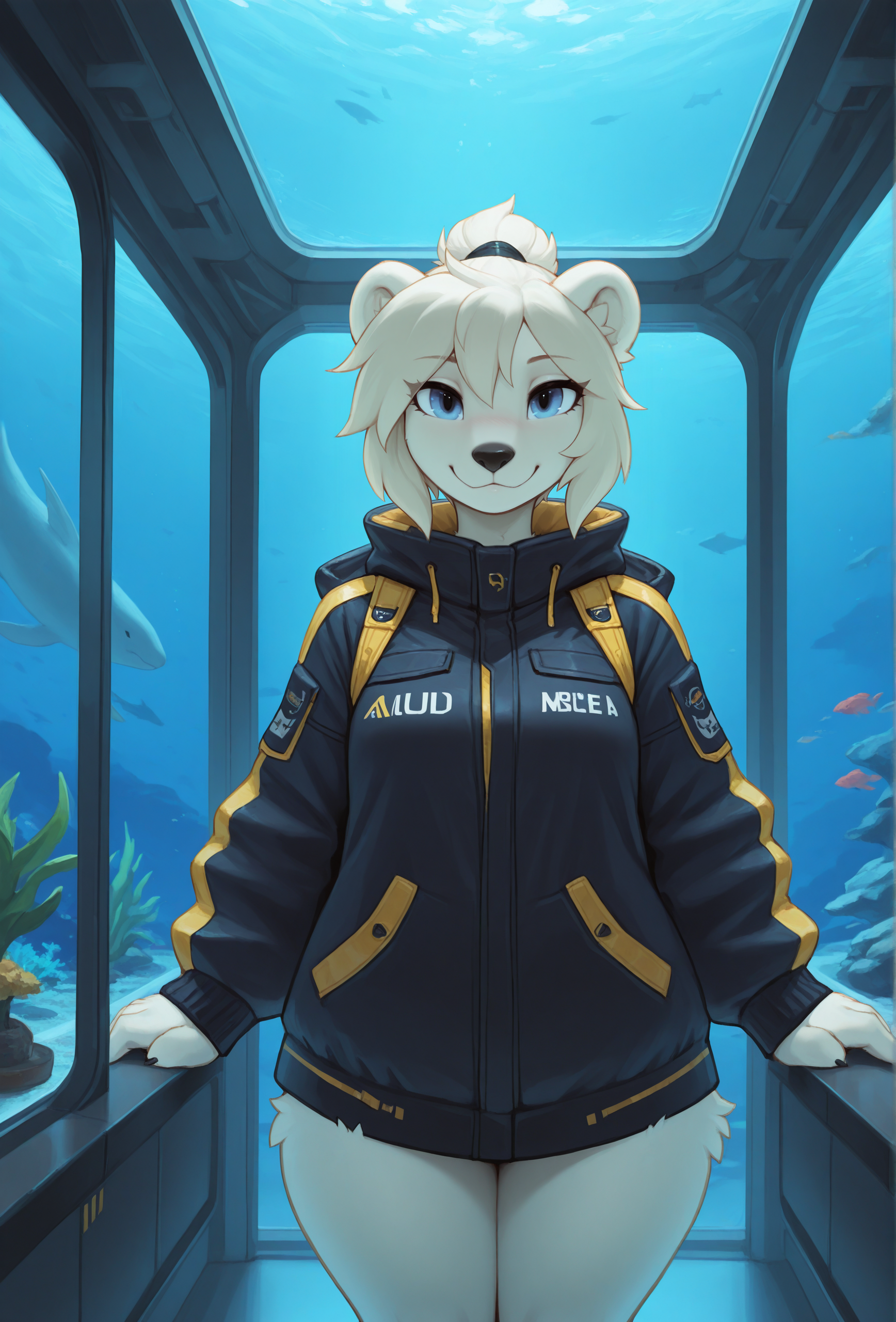 (masterpiece, best quality, very aesthetic, absurdres:1.2), 1girl, furry, science fiction, aquarium, polar bear, straight-on, jacket, looking at viewer, smile, <lora:waspsalad_style_illustrious_v1.1f:1> wsaladstyle