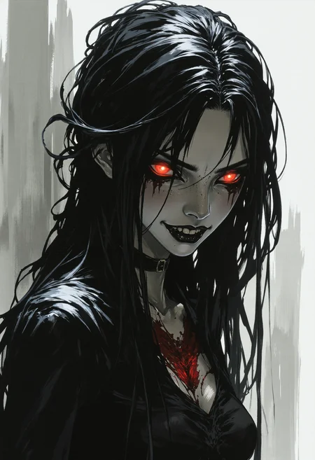 fg, A digital illustration of a woman with long, messy black hair framing her face, piercing glowing red eyes, heavy dark smudged makeup creating a sunken eye effect, a wide unsettling toothy grin. She wears dark, slightly ragged clothing, with subtle dark red smudges around her neck. Digital painting in the style of a dark fantasy horror illustration, eerie atmosphere, dramatic cinematic lighting, muted grey smoky background.