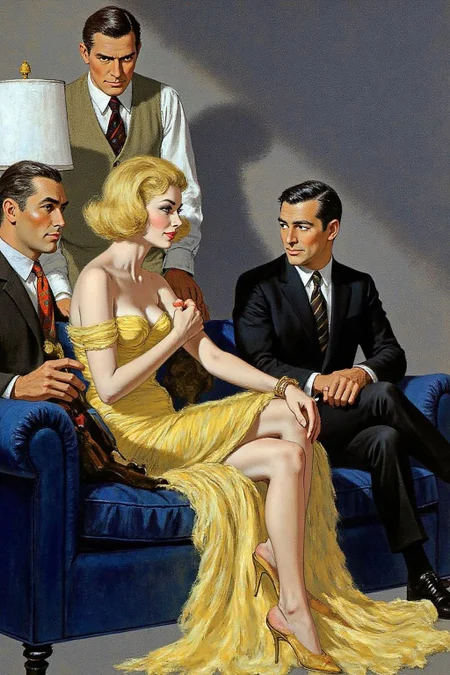robmc1 illustration.
kard1 illustration
There are five people, four men and one woman, gathered around a plush, dark
blue sofa. A blonde woman, seated on the sofa, wears a bright yellow evening gown, her hair styled in a classic bob. She appears relaxed and engaged, looking at the man sitting closest to her.
Two men are sitting on the sofa beside her, while two other men are standing.
The men are dressed in formal attire from the 1940s, including suits, ties, and vests.
<lora:robmc1_cap_d6a3e12:1.0><lora:820308895206565799:0>