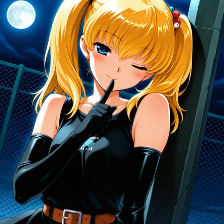 1girl,solo,<lora:IL_nanaogi_kyouka:1>,sq_m,nanaogi kyouka,blue eyes,blonde hair,twintails,hair bobbles,dutch angle,night,darkness,outdoors,chain-link fence,full moon,moonlight,dress,belt,elbow gloves,upper body,smile,one eye closed,blush,head tilt,close-up of face,finger to mouth,imminent kiss,, masterpiece,best quality,amazing quality,uncensored