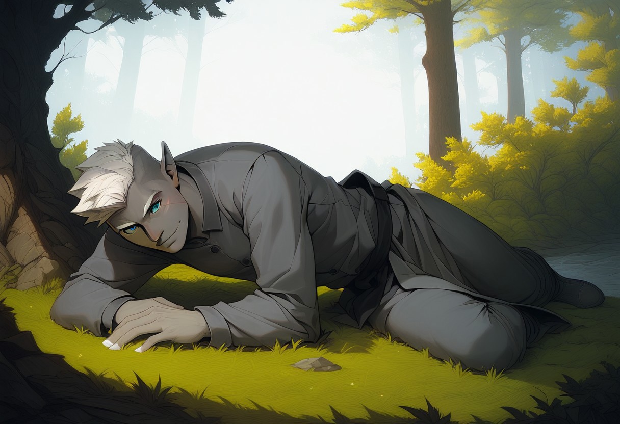 (score_9, score_8_up:1.1), score_7_up, score_9, score_8_up, score_8, score_7_up, dynamic angle, ((full body)), masculine, relaxing, leaning on riverbank, 1boy, solo, sexy, athletic, vox machina style, solo, warlock, fantasy, forest background, (dynamic lighting:1.1) ((masterpiece)), detailed eyes, (((detailed iris))), pupils, perfecteyes, perfect eyes, best quality, ((masterpiece)), sharp cheekbones, gaunt face, defined cheekbones, 28 years old, (adult, mature), hard face, slight smile, ((thin lips)), (half_elf:0.5), dark elf, (((grey skin))), white hair, (((short hair))), professional, (legion haircut), (short cut sides), (short bangs), (((white eyebrows))), light eyebrows, ((((pale grey ((((short)))) tipped ears)))), pointed_ears:0.5, ((short pointed ears)), eyebrow scar on left side of face, cheek scar, ((detailed turquoise eyes))