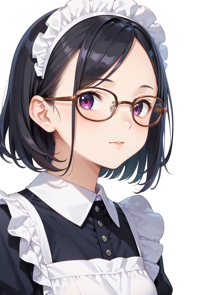 score_9, score_8_up, score_7_up, rating_safe, masterpiece, best quality, absurdres, unity 8k wallpaper, official art, official style, source_anime, uncensored, game cg, megami magazine,
1girl, solo, black hair, medium hair, upper body, covered eyes,maid, maid headdress, black dress, maid apron, face focus,
oval_metal, glasses, still life, white background, simple background, brown-framed eyewear,
 <lora:glasses_OvalMetal1_PONY_V1:1>