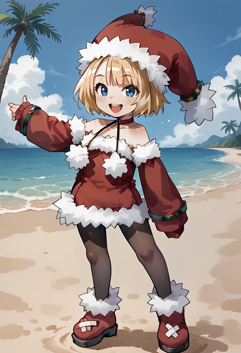 score_9, score_8_up, score_7_up,s, source_anime,zPDXL3,
BREAK 
1girl_Witch,blonde hair,
fur-trimmed sleeves, hat, pantyhose, fur-trimmed dress, fur-trimmed red clothes, fur-trimmed headwear, fur-trimmed boots , red footwear, bare shoulders, pom pom \(clothes\), choker, detached sleeves,
smile,
open mouth,
BREAK 
soro,
arms up,
HDA_ChibiStyleXL,
shiny skin, shiny, oily skin, oily face,shiny face, 
beach,palm tree,
extremely detailed , detailed background,
looking at viewer