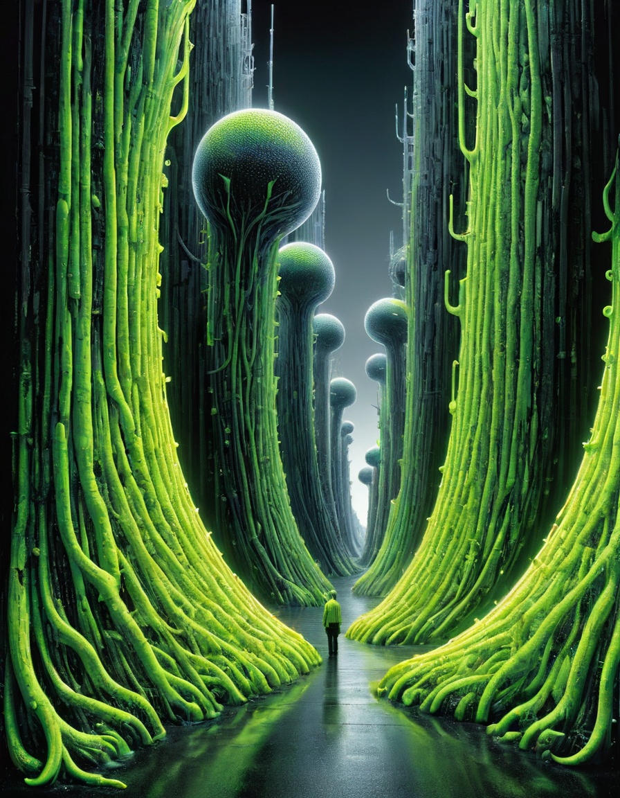 professional photograph of a bizarre otherworldly landscape by Katsuhiro Otomo and Yoji Shinkawa and TaiyÅ Matsumoto and Jaume Plensa , bold lines, hyper detailed, dark limited palette, chiaroscuro, (intricate details, masterpiece, best quality:1.4), ral-highvis <lora:ral-highvis-sdxl:1>