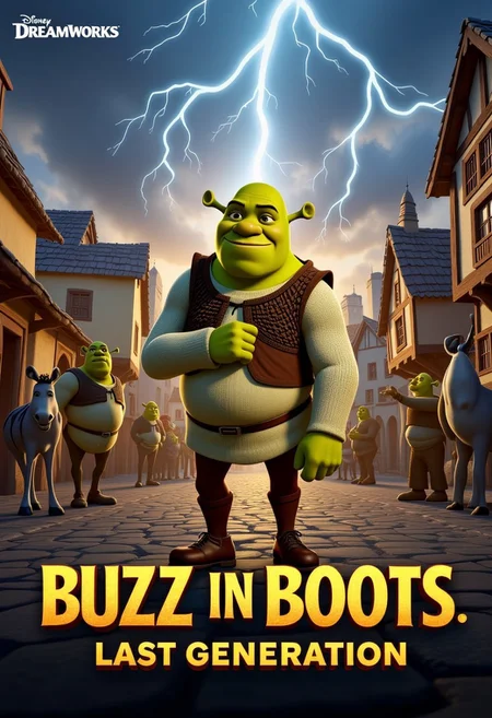 3D render of Puss in Boots from Shrek standing in a medieval village in the center of the frame, surrounded by various Shrek characters including Shrek and Donkey, as lightning strikes from the sky. In front of this scene, in epic lettering, the words "Buzz in Boots: Last Generation" can be read, with the Dreamworks logo right above it. All characters featured have distinctive lightning printing to their clothing