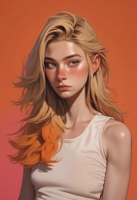 1girl, pretty face, freckles, manic pixie, long blonde hair, straight hair, 
white tank top, 
FOV medium shot, 
simple pastel orange background,
score_9,score_8_up