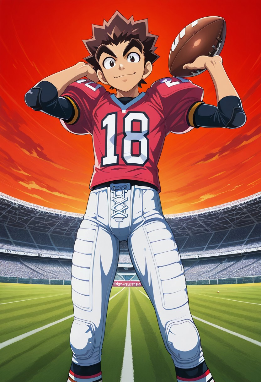 PVC figure, PVC texture, official art, male, High Quality, perfect anatomy, HD, anime style, break
TAROU RAIMON, 1boy, alone, brown hair,  thick eyebrows, dark brown eyes, athletic build, smiling, posing, looking at viewer, football uniform, tight uniform, red and white uniform, football field