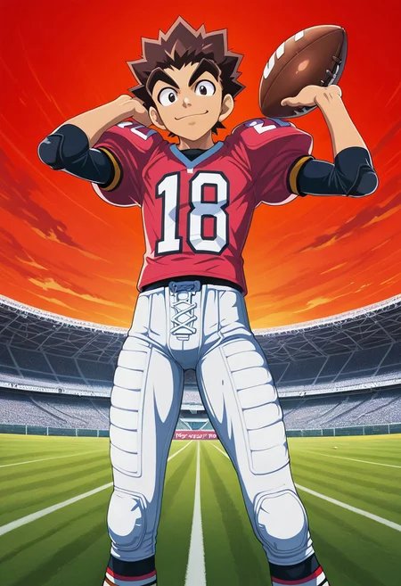 PVC figure, PVC texture, official art, male, High Quality, perfect anatomy, HD, anime style, break
TAROU RAIMON, 1boy, alone, brown hair,  thick eyebrows, dark brown eyes, athletic build, smiling, posing, looking at viewer, football uniform, tight uniform, red and white uniform, football field