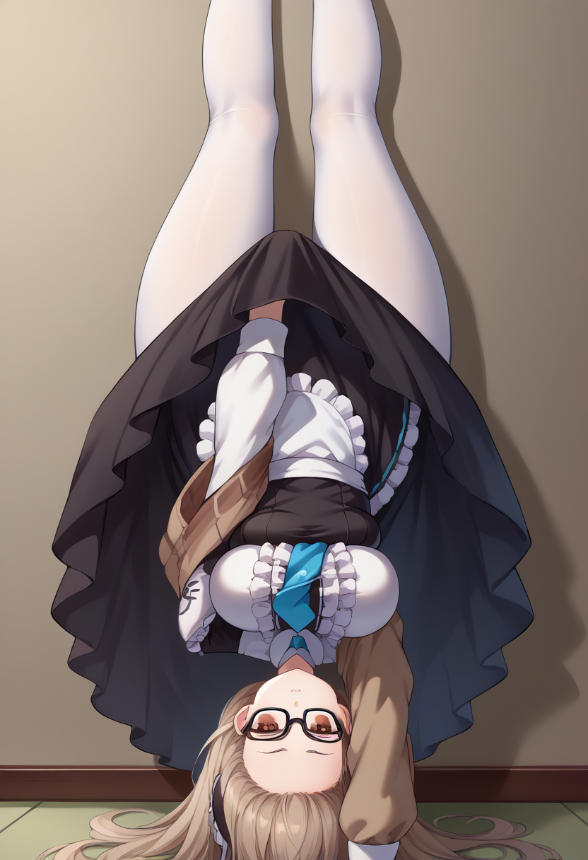 score_9, score_8_up, source_anime, 1girl, solo, LycorisChallenge, one arm handstand, upside-down, covering crotch, <lora:ChamLycorisChallengePonyXL-000006:1>, <lora:Hoseki_BlueArchive_AkaneMurokasa_PDXL_v1:1> aknba, large breasts, brown eyes, halo, very long hair, black-framed eyewear, brown shawl, maid headdress, black dress, puffy long sleeves, blue necktie, apron, white gloves, white pantyhose