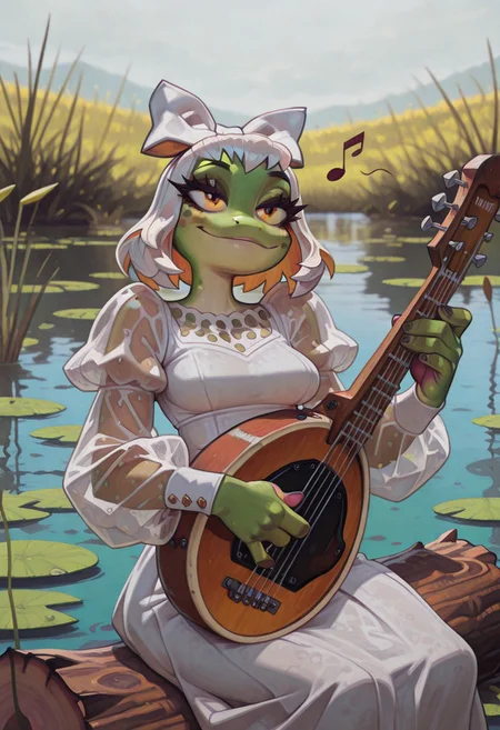 masterpiece, best quality, absurdres, highres, high quality, highly detailed,
1girl, solo, grungrace, anthro frog, spots, green skin, no humans, smile, white hair bow,
breasts,
white dress, fringe trim, puffy sleeves, see-through sleeves,
upper body, face focus, portrait,
banjo, playing instrument, musical note,
outdoors, depth of field, cinematic, sitting on log, lily pad, wetland,
no lineart, pixelsketcher,